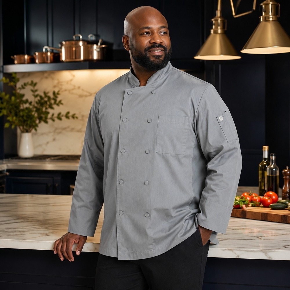 ChefWorks Men's Large Chef Jacket Gray Double-Breasted Culinary Attire Food Prep